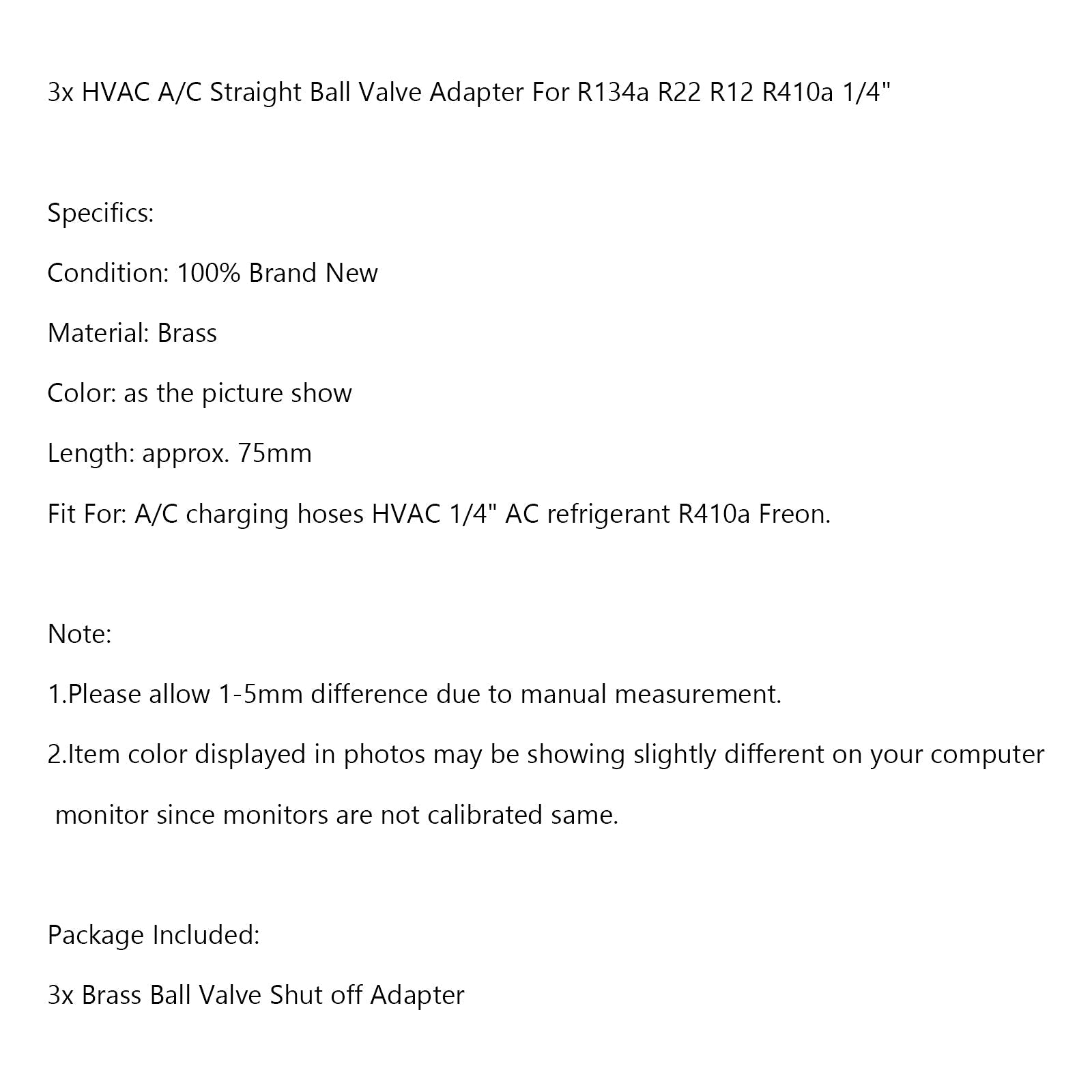 Areyourshop - Adaptador de válvula de bola de cierre recto para HVAC A/C, 3 unidades, para R134a R22 R12 R410a 1/4"