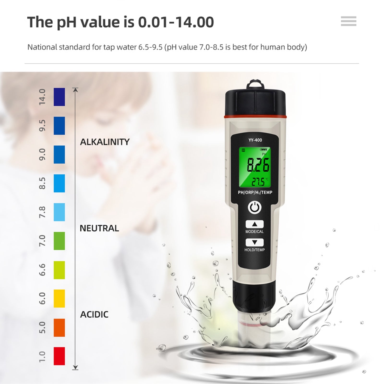 Penna per test portatile 4 in 1 ricca di idrogeno Tester per la qualità dell'acqua PH/ORP/TEMP