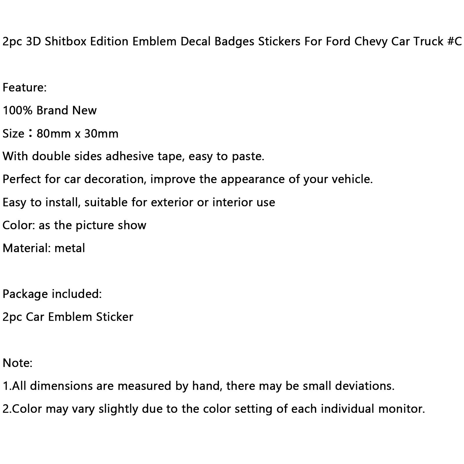 Emblema de edición Shitbox de 2 piezas, insignias adhesivas para Ford Chevr, coche, camión #C genérico