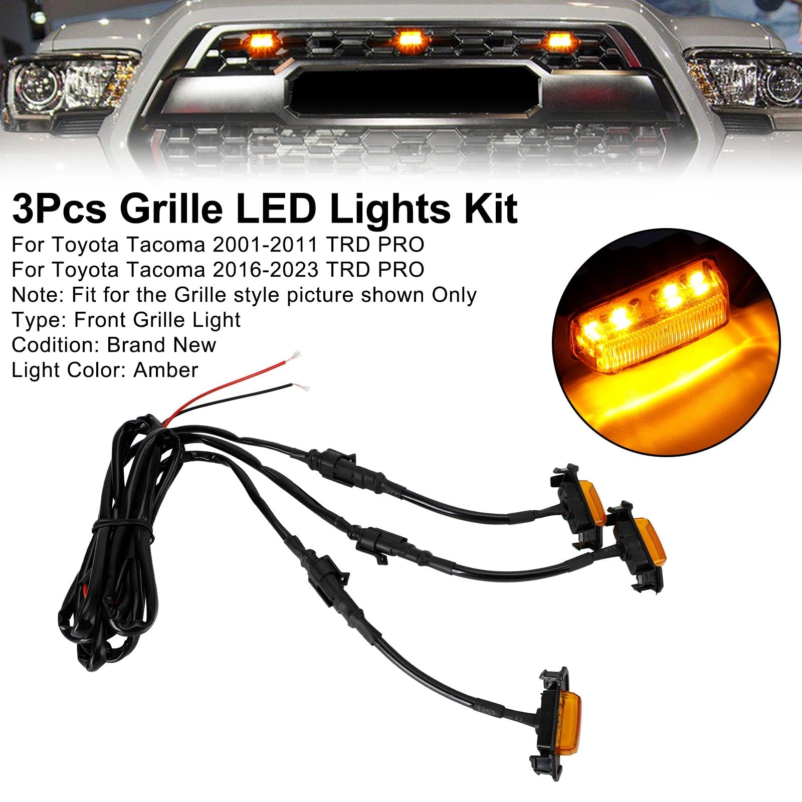 2001-2011 2016-2023 Toyota Tacoma TRD PRO 3PCS Paraurti anteriore Griglia del cofano Luci a LED