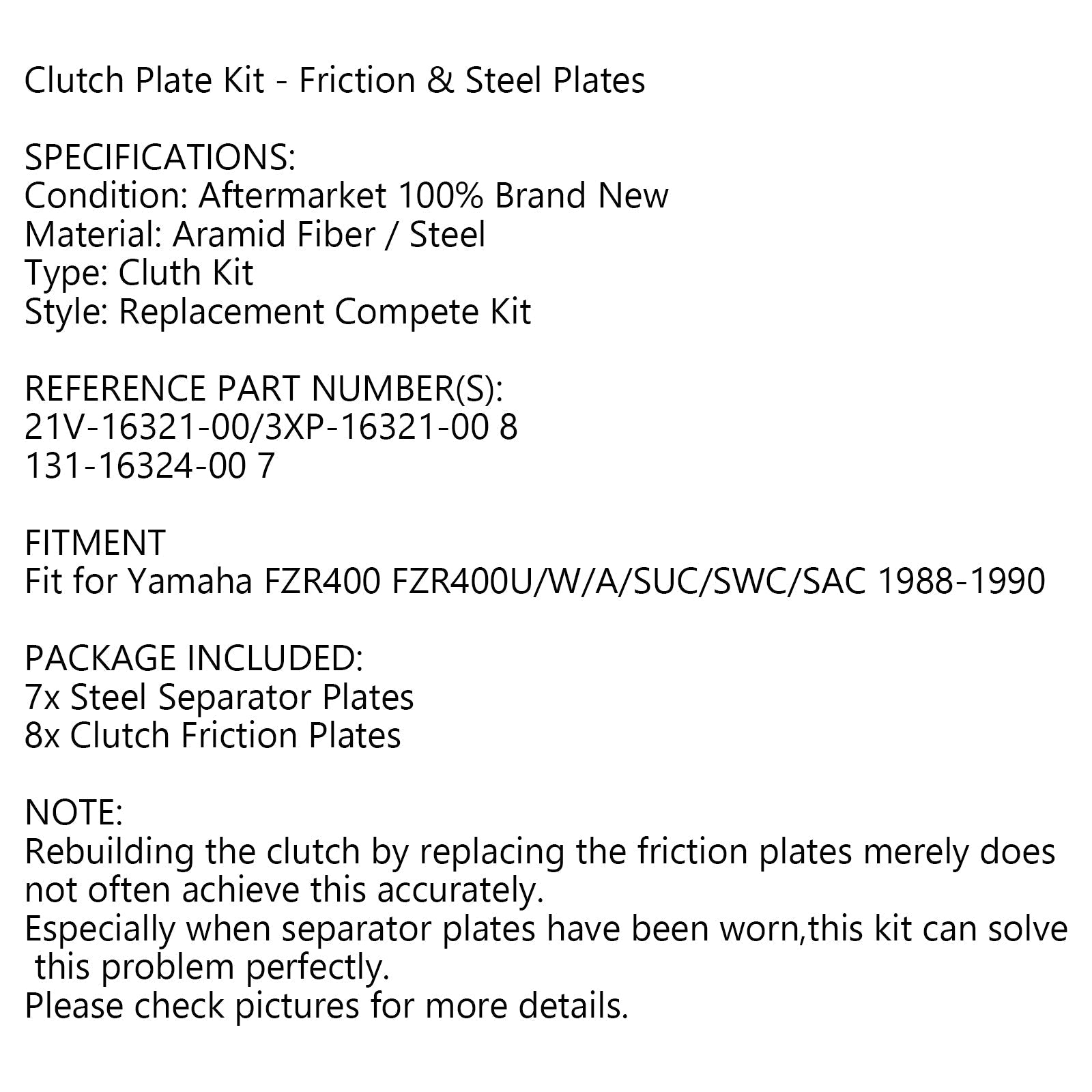 Kit de embrague de acero y placas de fricción para Yamaha FZR400 FZR400U/W/A/SUC/SWC 1988-90 Genérico