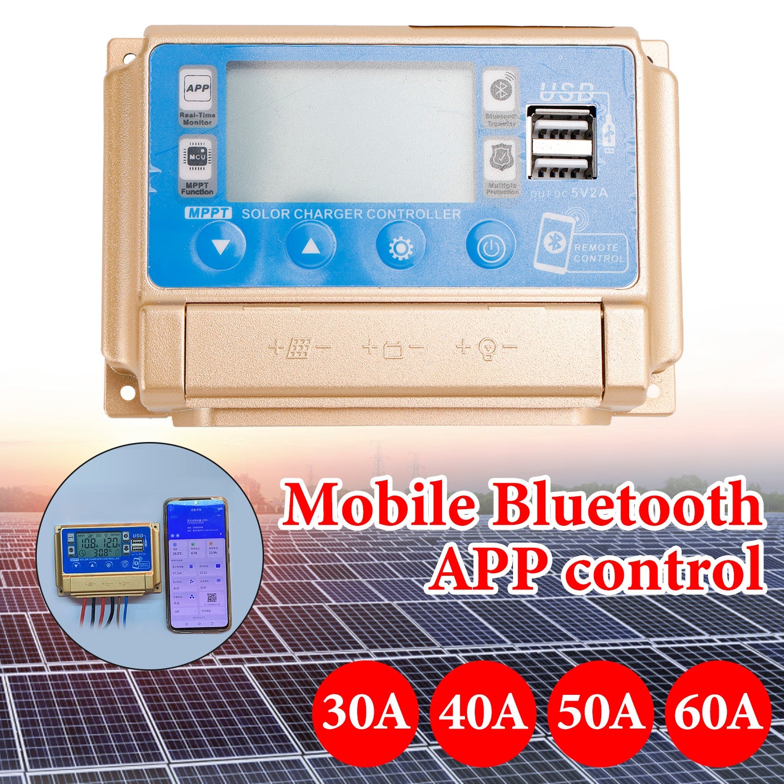 El cargador del controlador de carga solar Bluetooth MPPT 30A-60A es adecuado para baterías de 12V/24V, dorado