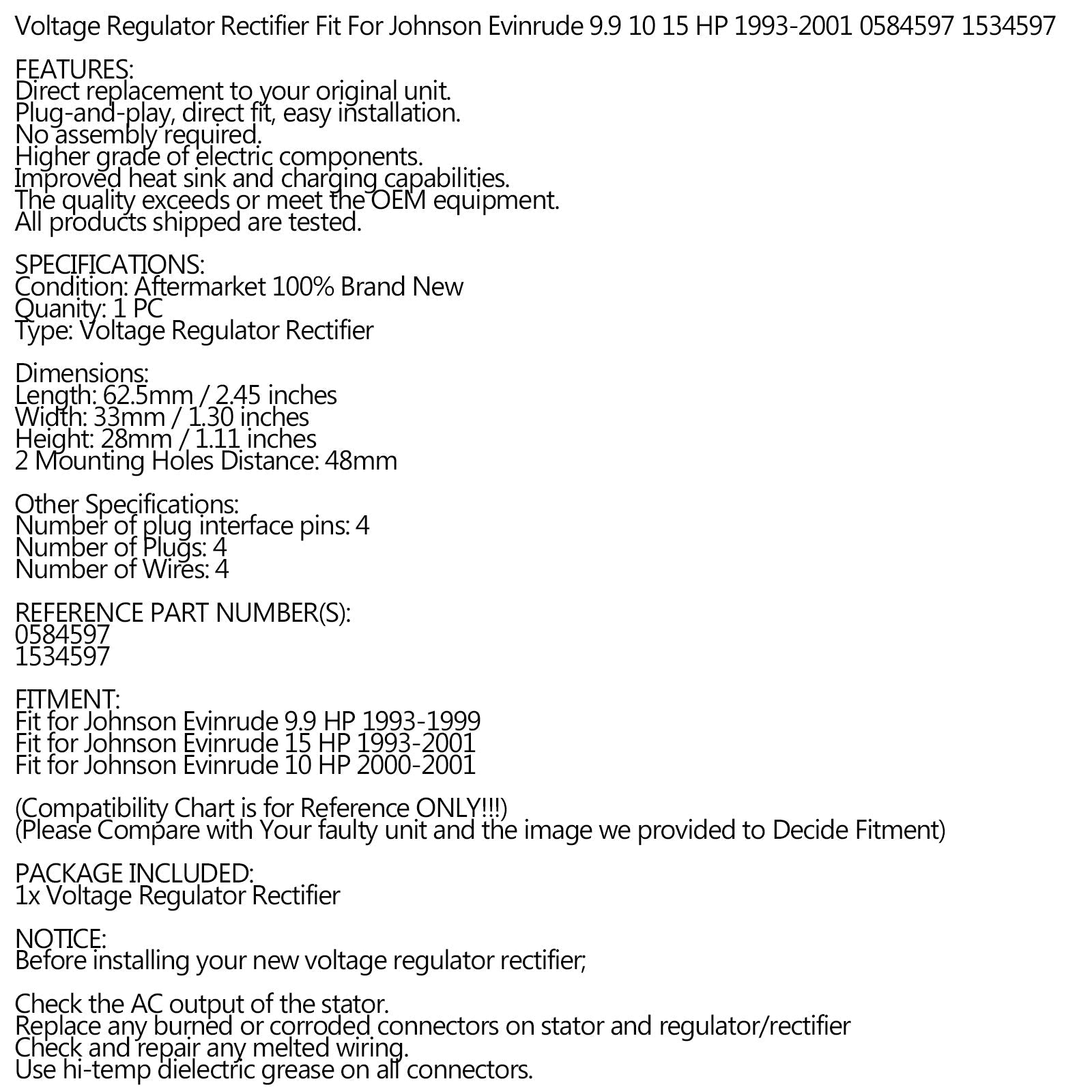 Régulateur redresseur adapté pour Johnson Evinrude 9.9Hp 10Hp 15Hp 1993-2001 0584597