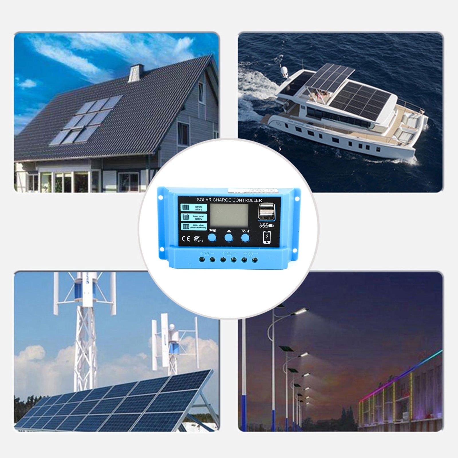 Régulateur de contrôleur de charge solaire PWM 10A 20A 30A pour panneau solaire 100W 200W 300W