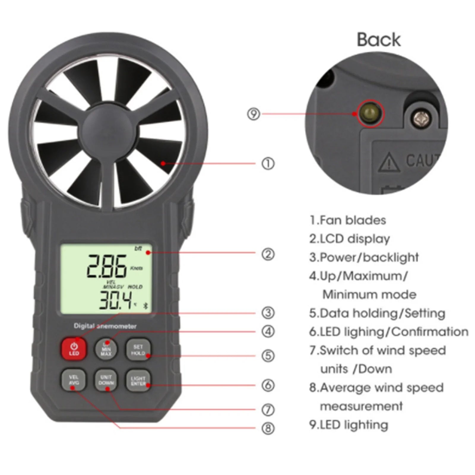 Anémomètre numérique LCD thermomètre débitmètre 'air jauge de vitesse du vent 0-30 M/s