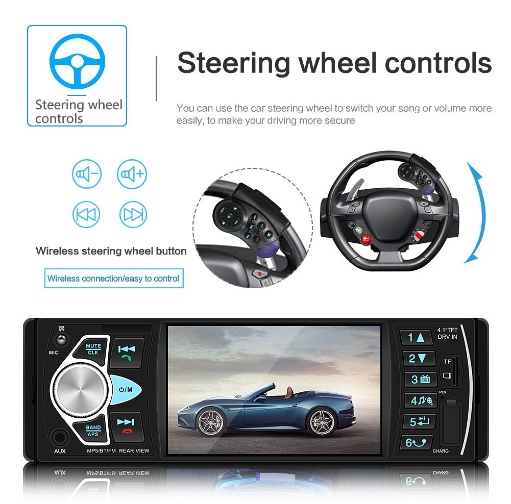 1DIN 4.1 pollici Autoradio Stereo Bluetooth FM USB AUX Audio Lettore MP5 + Fotocamera