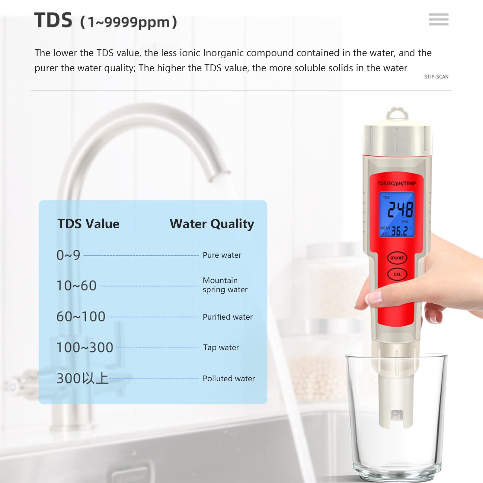 Tester per analisi della qualità dell'acqua con penna digitale 4In1 PH/TDS/EC/temperatura
