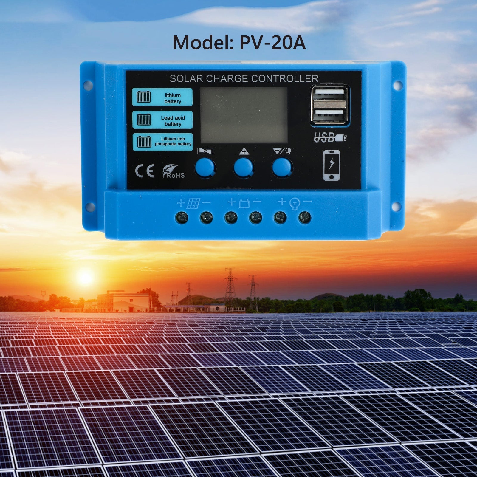 Regulador de carga solar 10A 20A 30A PWM para panel solar de 100W 200W 300W