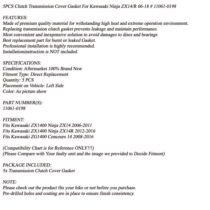 5 juntas protectoras de embrague para Kawasaki Ninja ZX14 ZX14R Concours 14 #11061-0198 genérico