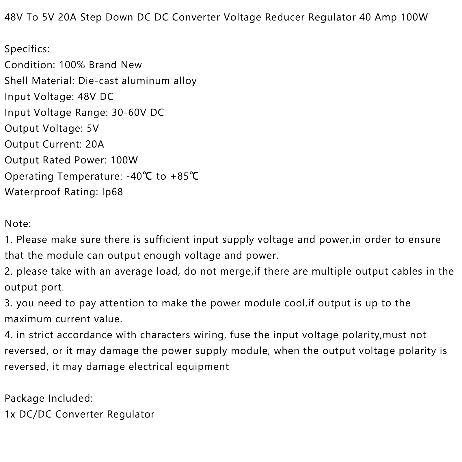 Regulador convertidor de potencia DC/DC reductor impermeable de 48 V a 5 V 20 A 100 W