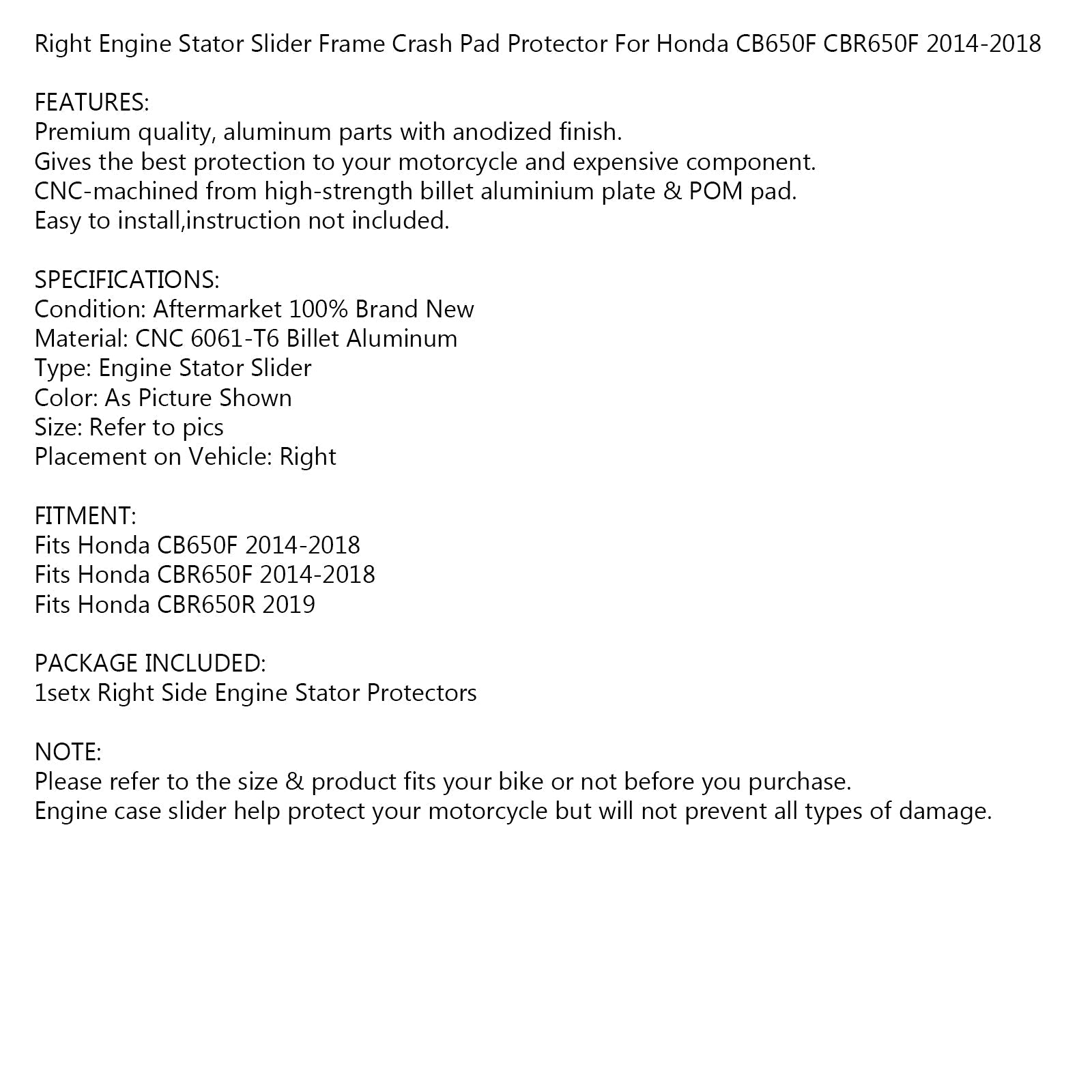 Stator Crash Sliders Engine Guard Set pour Honda CB650F CBR650R 2014-2019 Generic