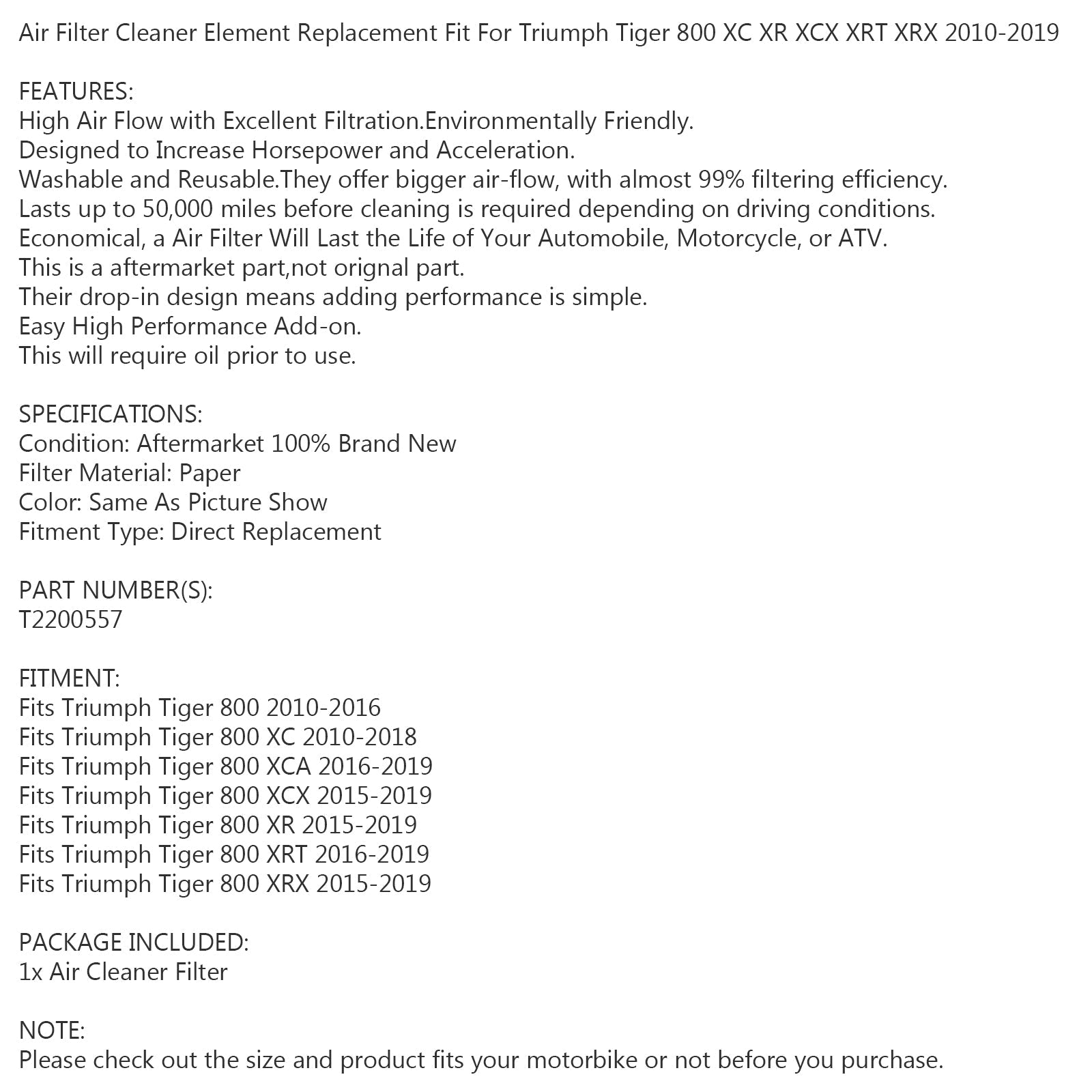 Élément de filtre à air pour Triumph Tiger 800 XC XCA XCX XR XRT XRX 2010-2019 générique