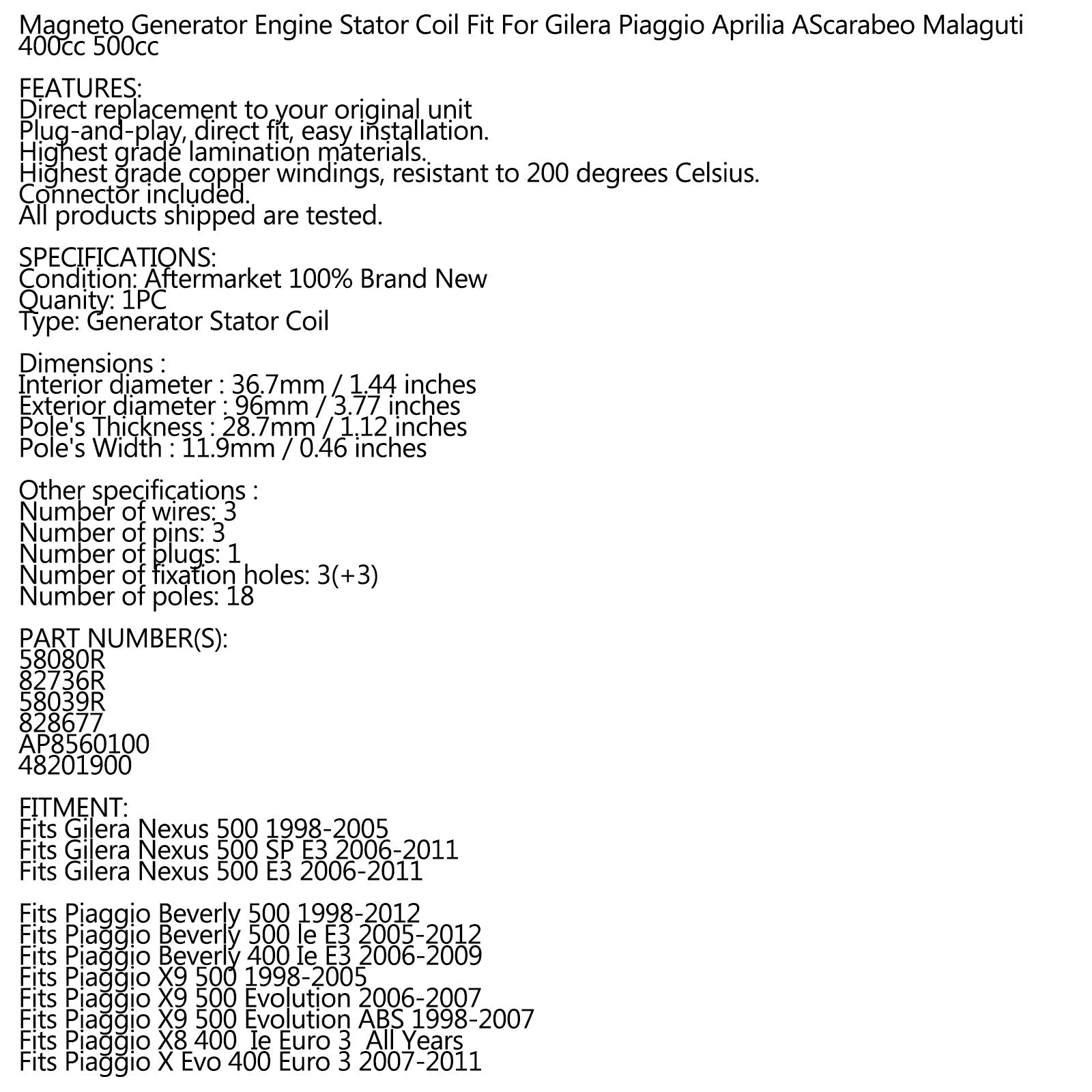 Alternateur Magnéto Stator pour Gilera Nexus 500 1998-2011 58080R 82736R AP8560100 Générique