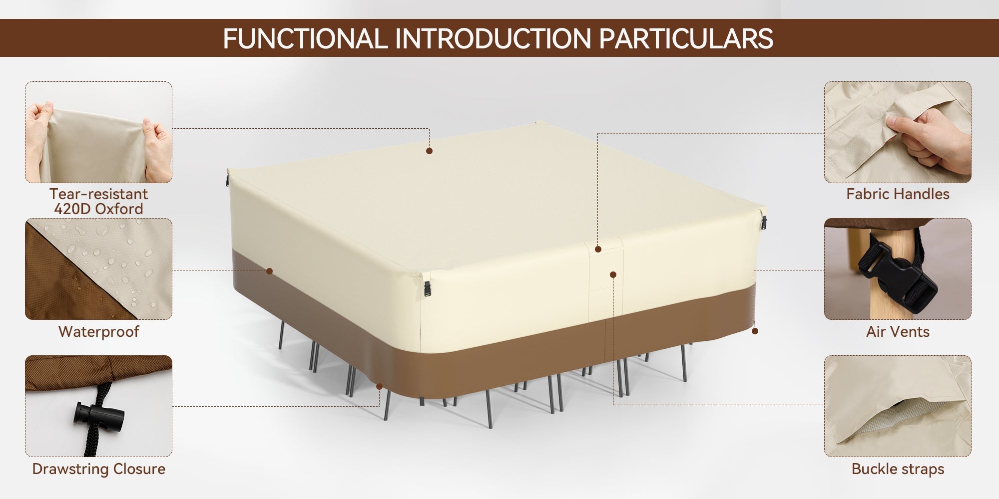 Couverture imperméable carrée de meubles de patio de 420D pour la table et les chaises extérieures