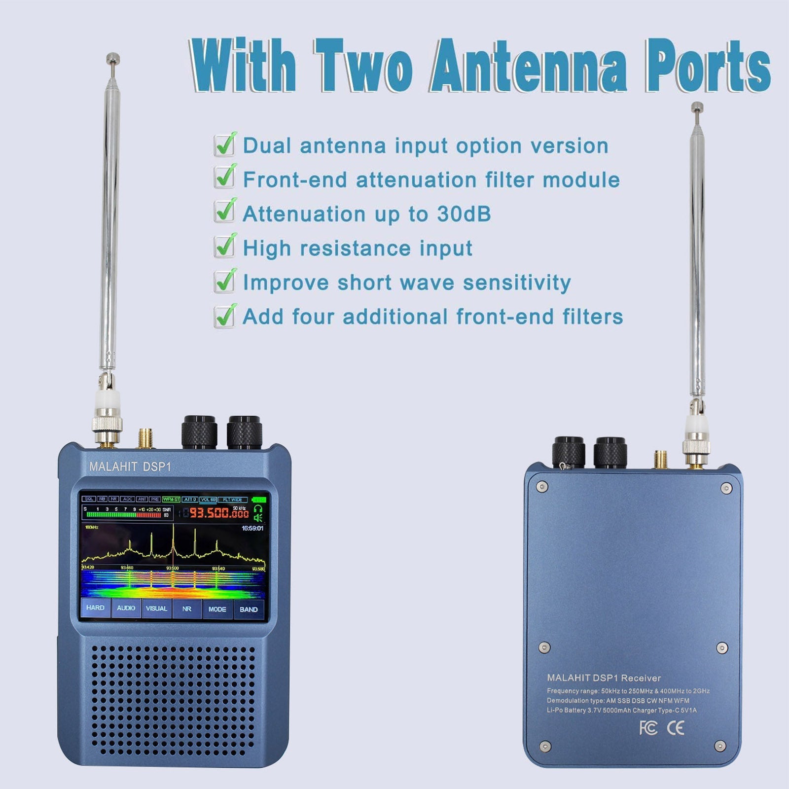 Ricevitore SDR stereo Malahit-DSP1 V9 versione malachite doppia antenna radio 1.10D