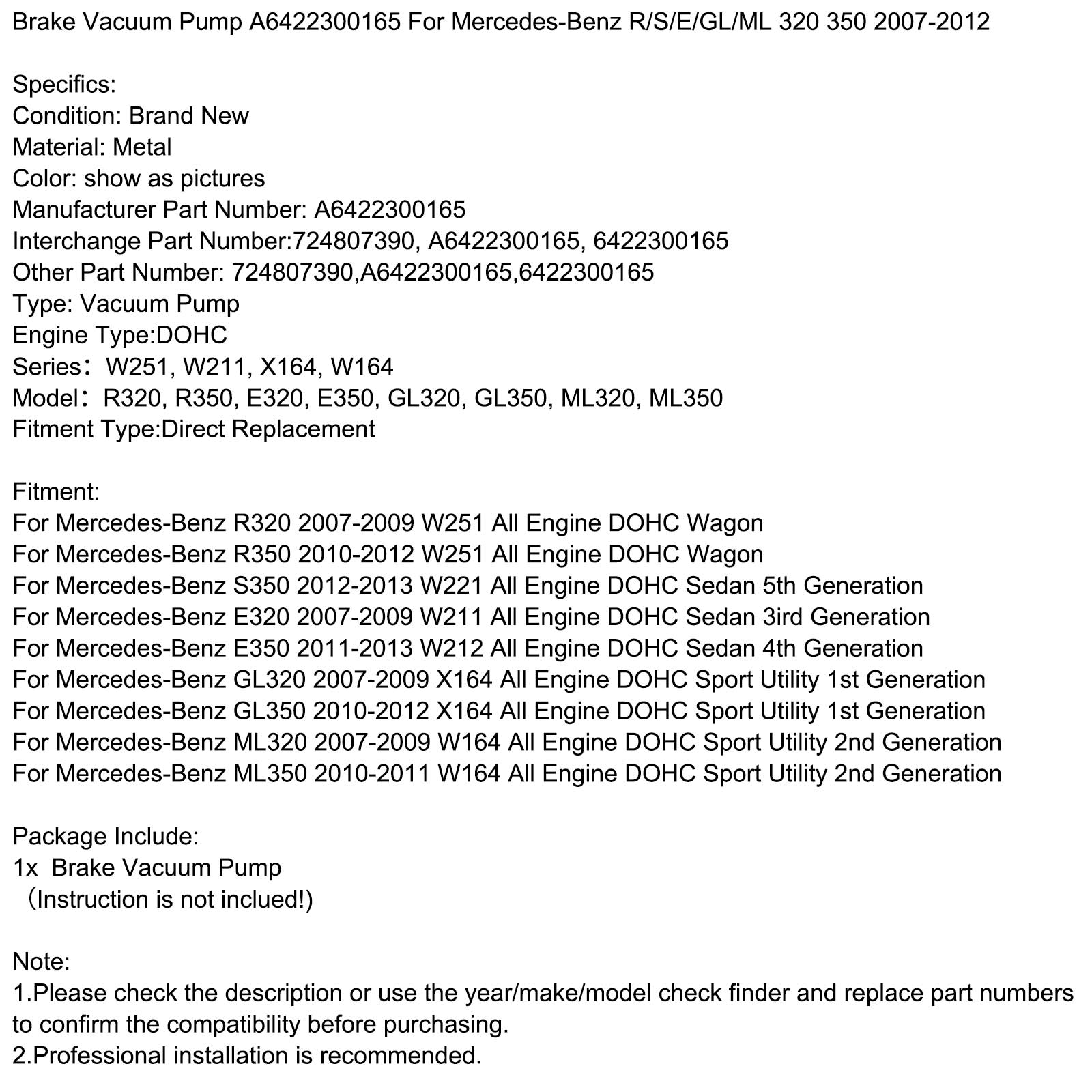 Mercedes-Benz ML350 2010-2011 W164 Pompe à vide de frein A6422300165