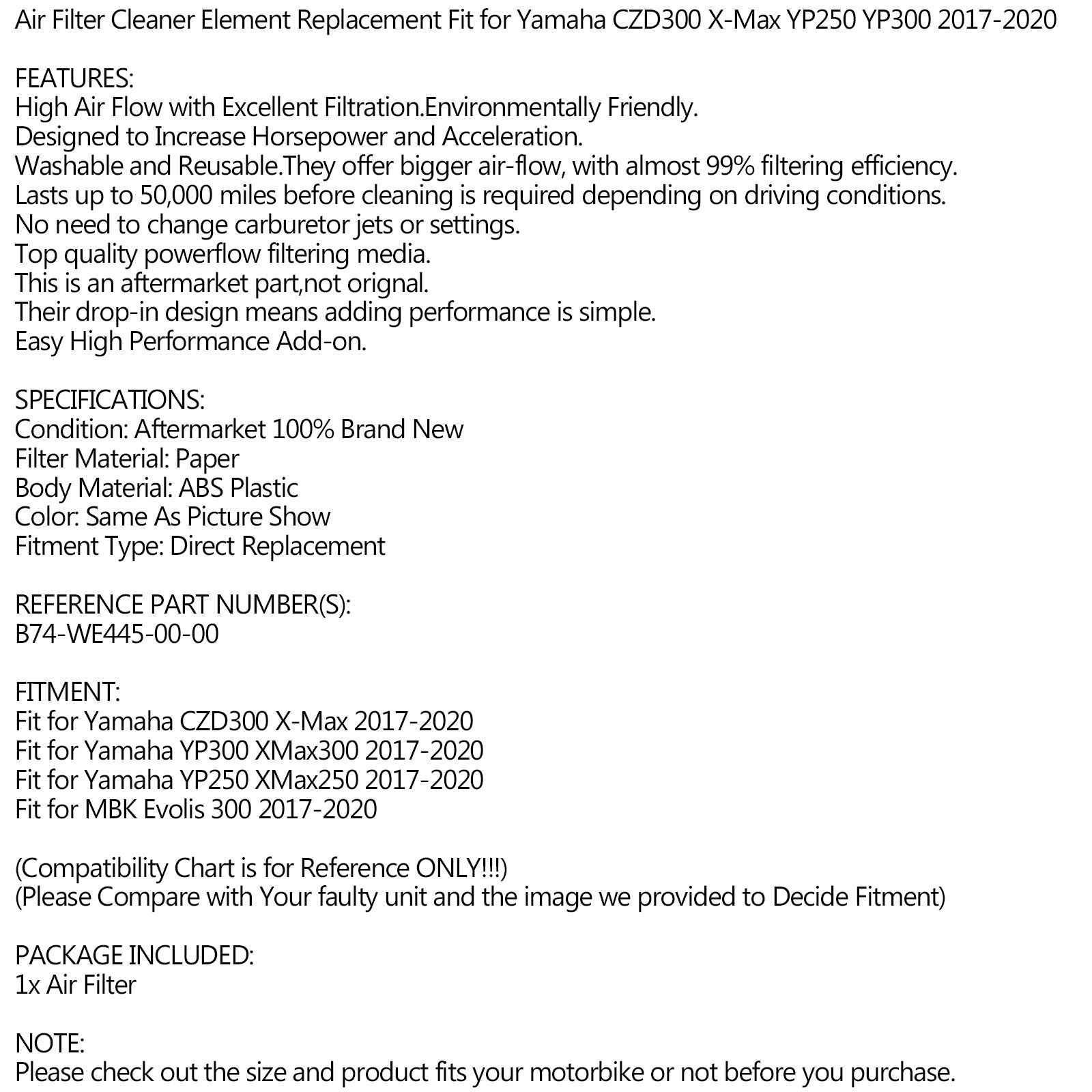 Remplacement du filtre à AIR pour Yamaha CZD 300 XMax 250 X-MAX 300 2017-2020 générique
