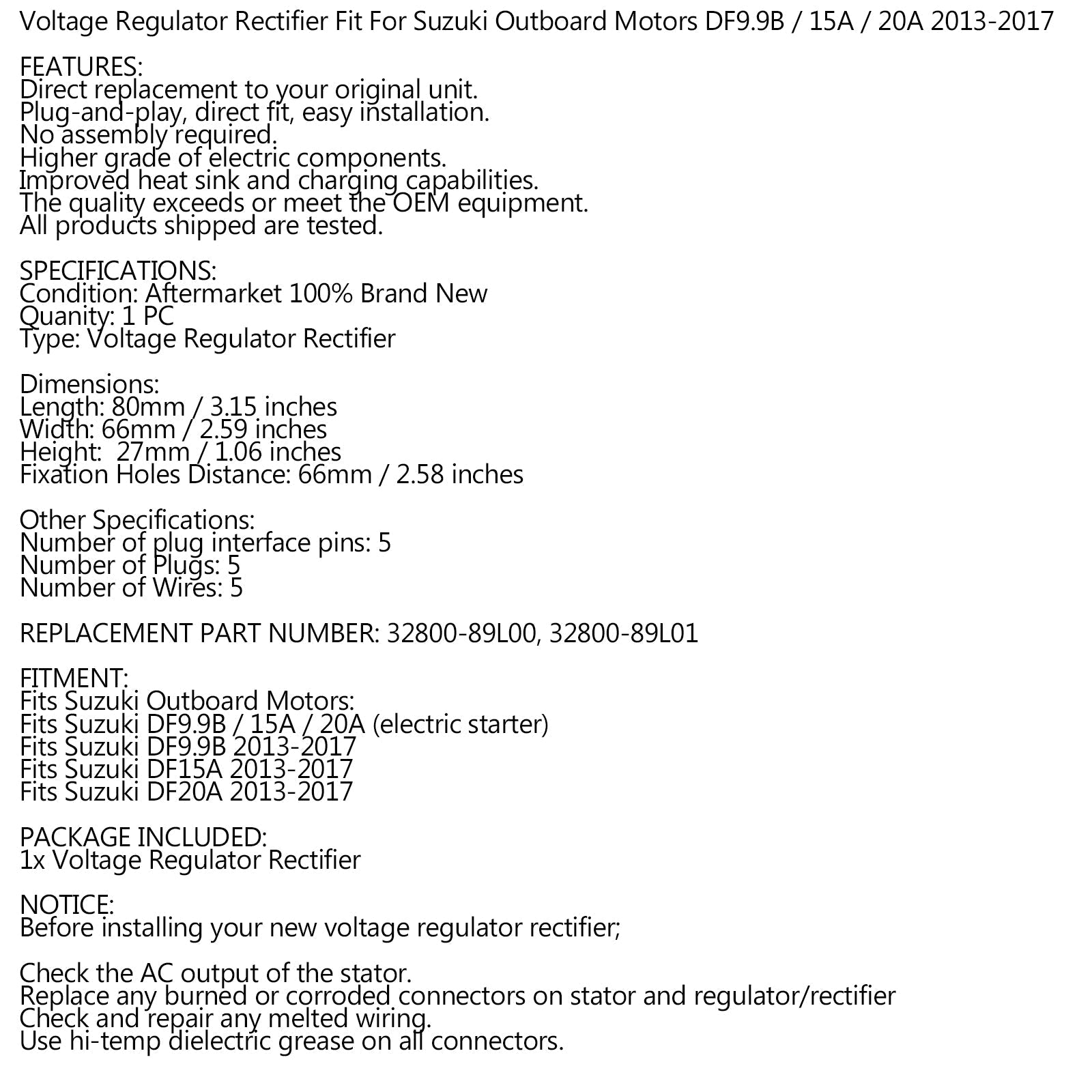 Régulateur redresseur pour moteurs hors-bord Suzuki DF 9.9/15 32800-89L00 32800-89L01 générique