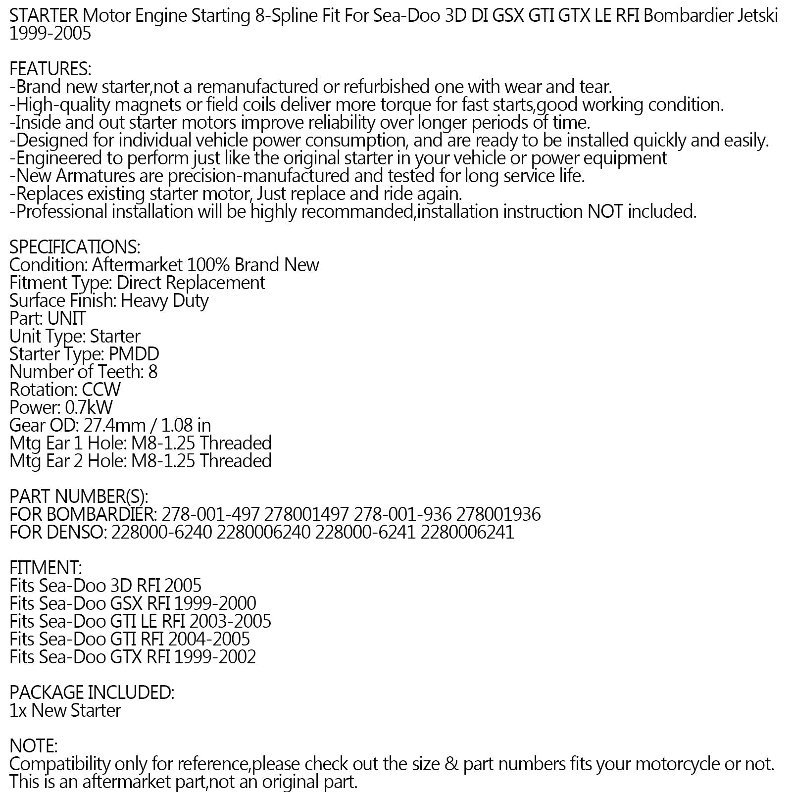 Nuevo motor de arranque para Sea-Doo 3D DI GSX GTI GTX LE RFI Bombardier Jet-Ski 1999-2005 Genérico