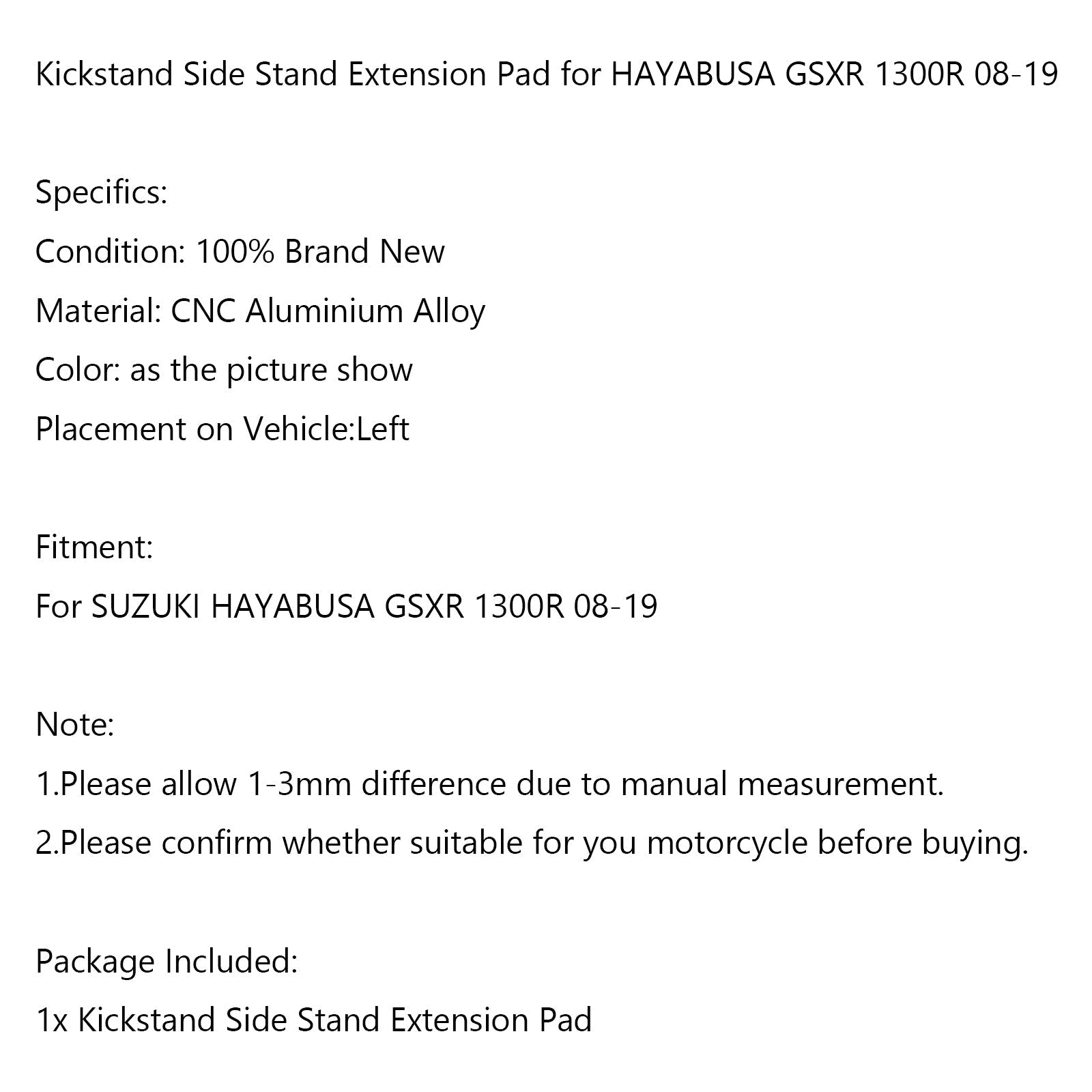 Almohadilla de placa de ampliación de soporte lateral para SUZUKI HAYABUSA GSXR 1300R 2008-2019 genérico