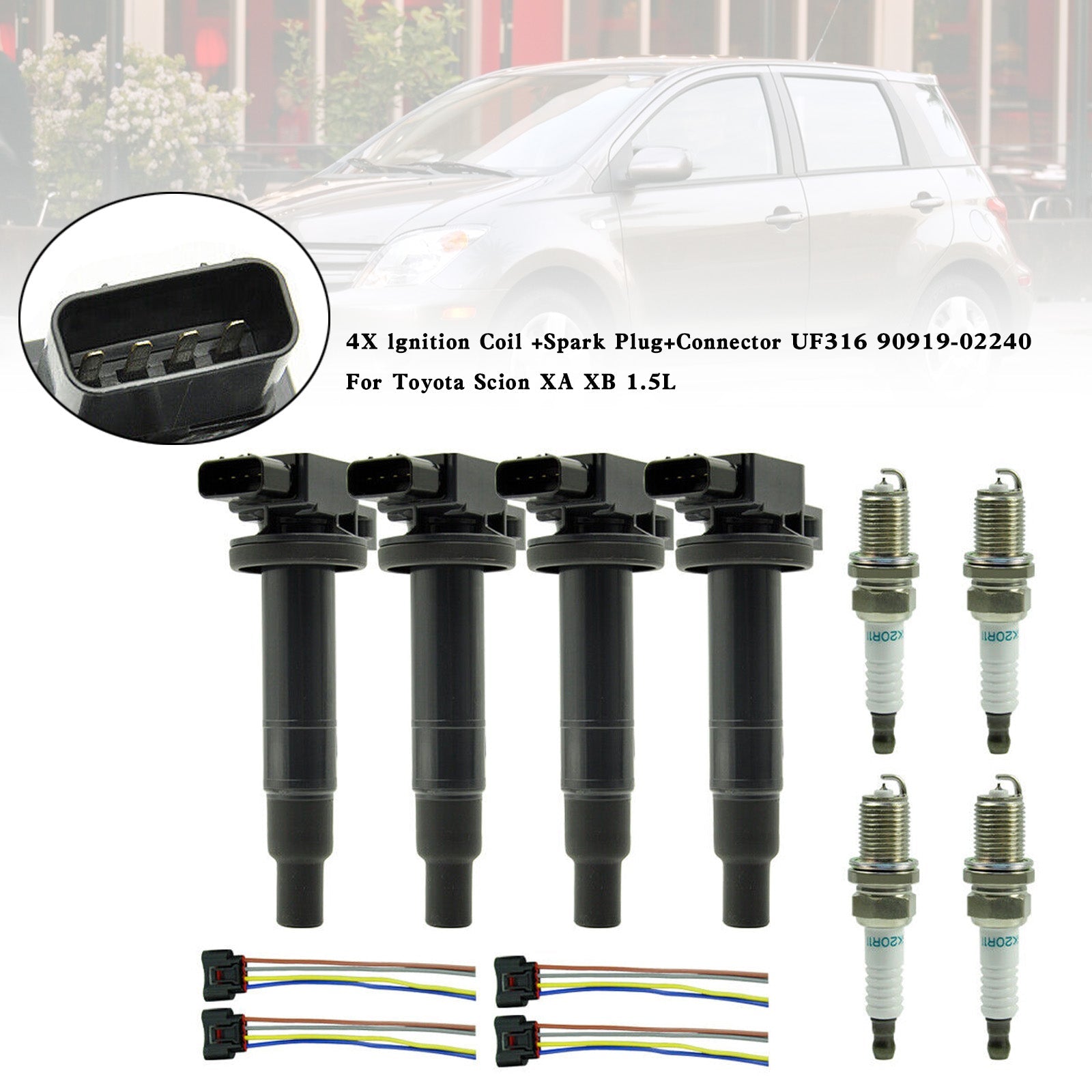 2000-2005 Toyota Echo 1.5L L4 4X Bobina de encendido + Bujía + Conector UF316 90919-02240 9008019021 Fedex Express