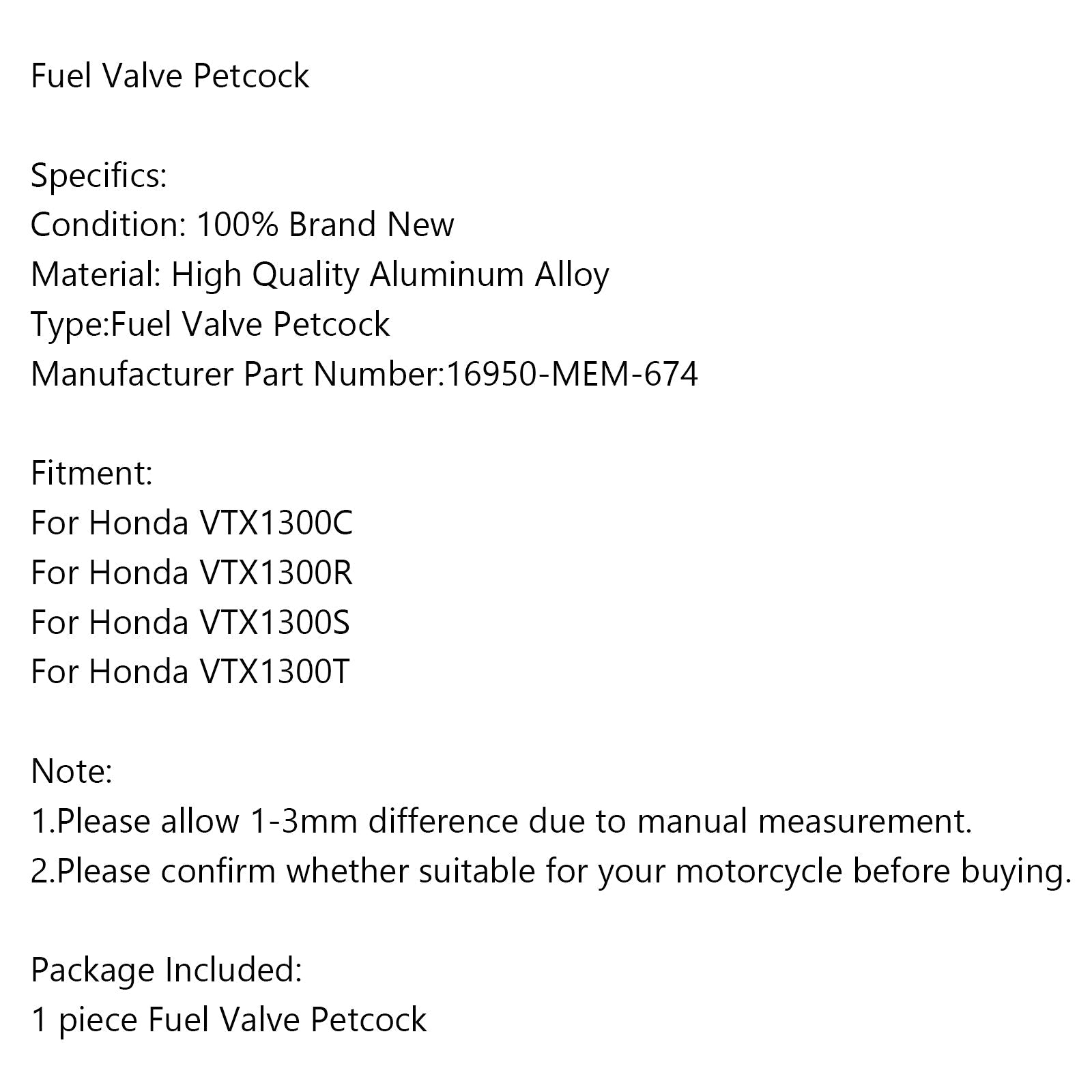 Carburant Aspirateur Petcock pour Honda VTX1300C VTX1300R VTX1300S VTX1300T 16950-MEM-674 Générique