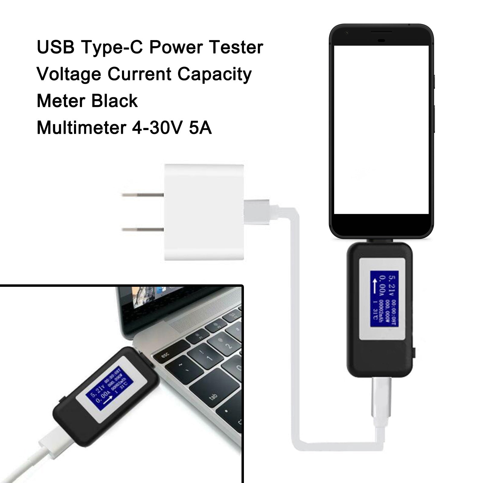 Probador USB tipo C LCD Voltaje actual Capacidad del cargador Monitor Medidor de tiempo de potencia