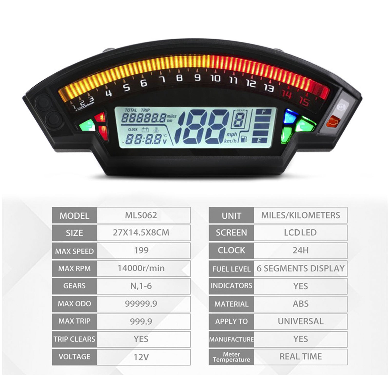 Tachimetro Digitale Moto Universale Nero Tft 14000 RPM Contachilometri Retroilluminato Generico