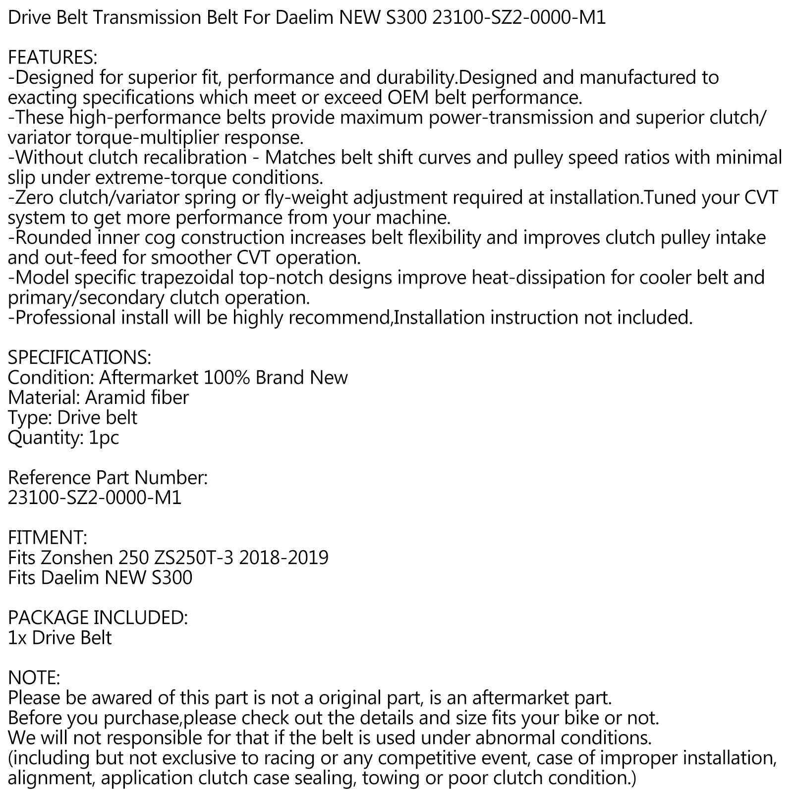 Courroie d'entraînement Transmission Courroie trapézoïdale pour Daelim NOUVEAU S300 23100-SZ2-0000-M1