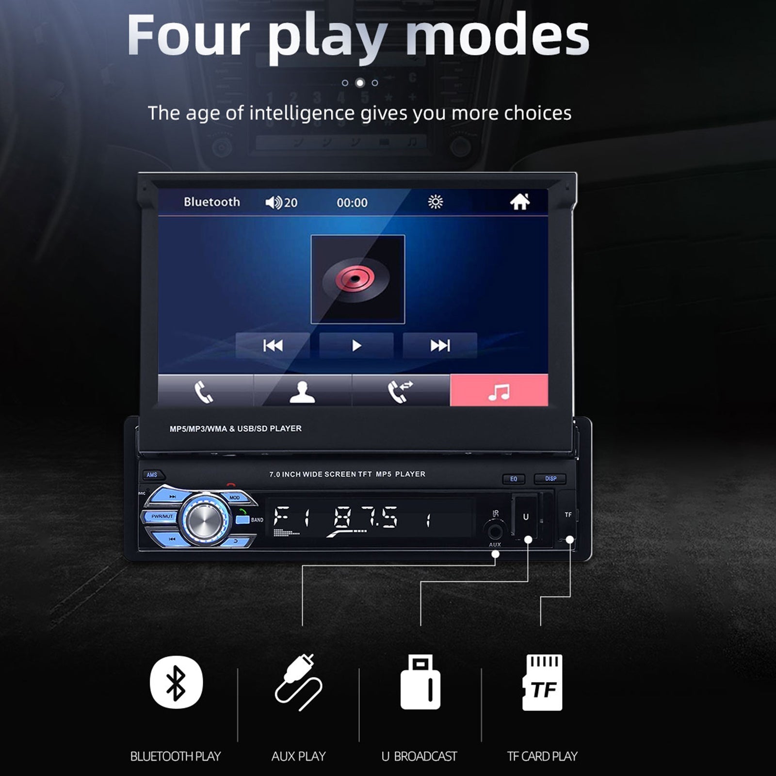 7 "1Din telescopisch touchscreen autoradio stereo mp5-speler BT / USB / AUX met camera