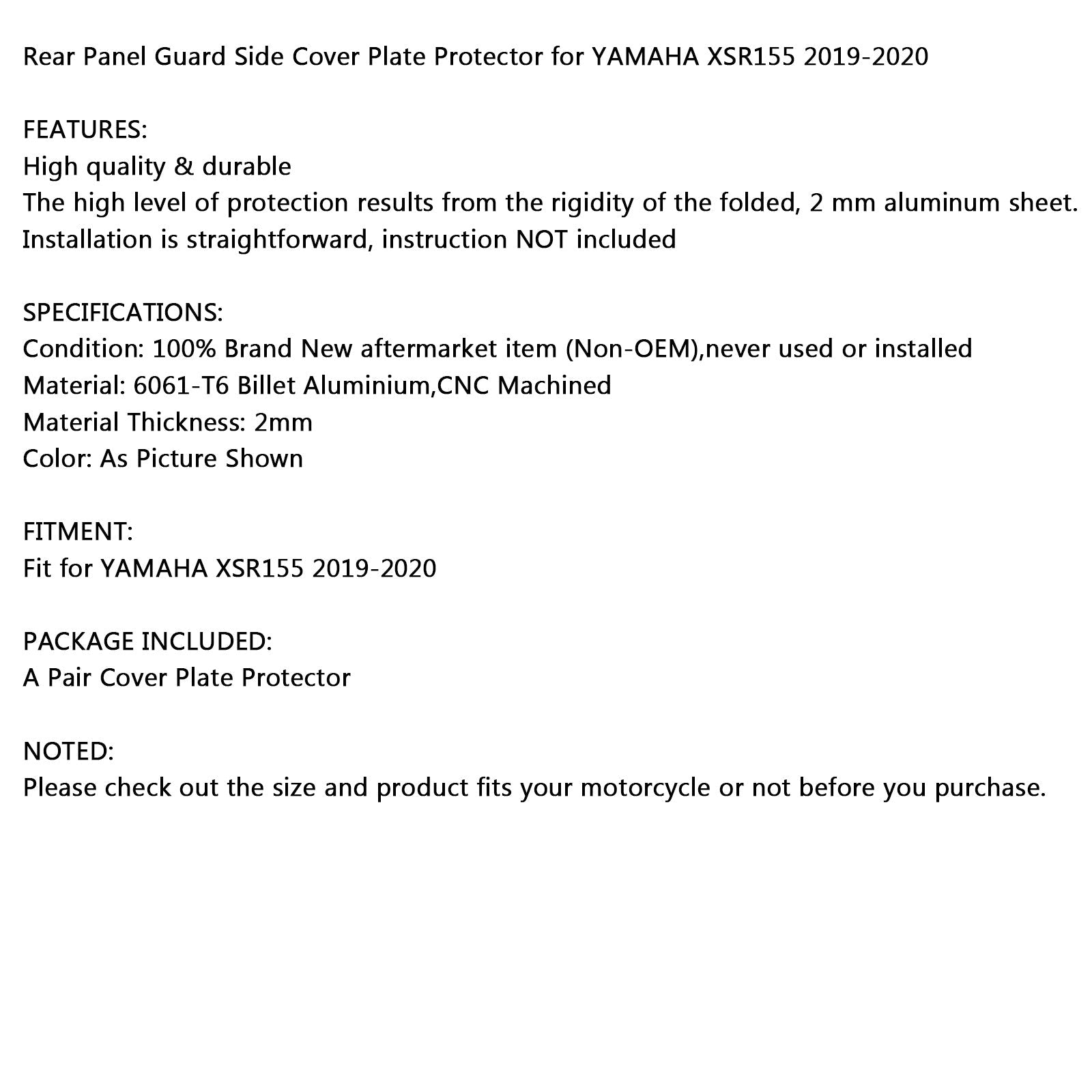 Protecteur de plaque de protection de panneau arrière pour YAMAHA XSR155 2019-2020 Noir Generic