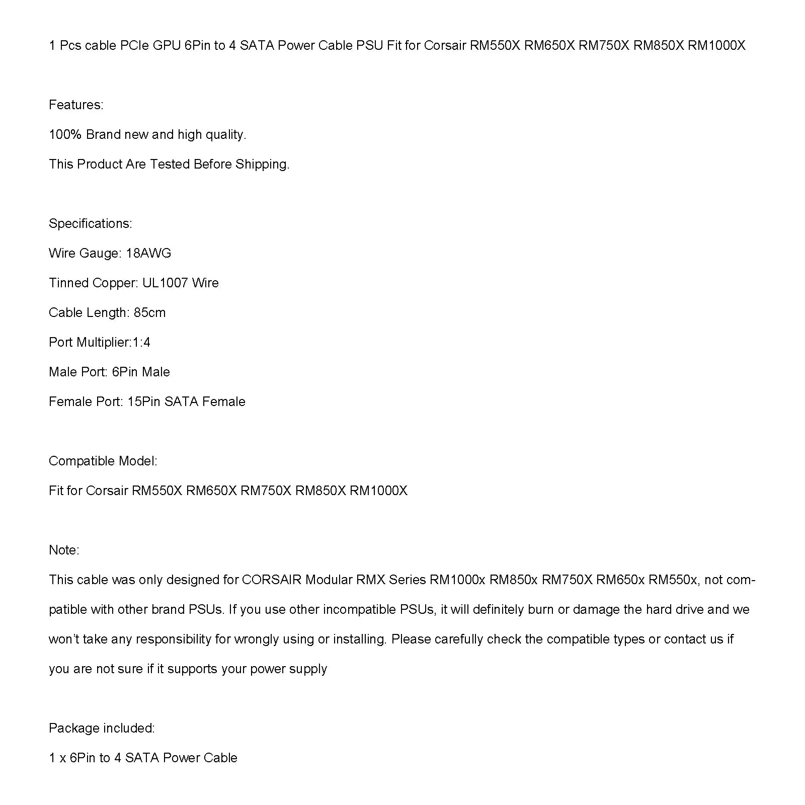 6 -Pin nadomestni kabel na 4 SATA za Corsair RM1000X RM850X RM750X