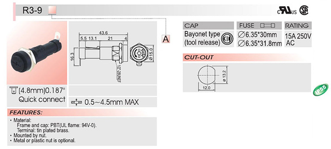 Portafusibili su telaio per montaggio a pannello SCI R3-9A da 4 pezzi per fusibili in vetro 6x30mm 15A 250V