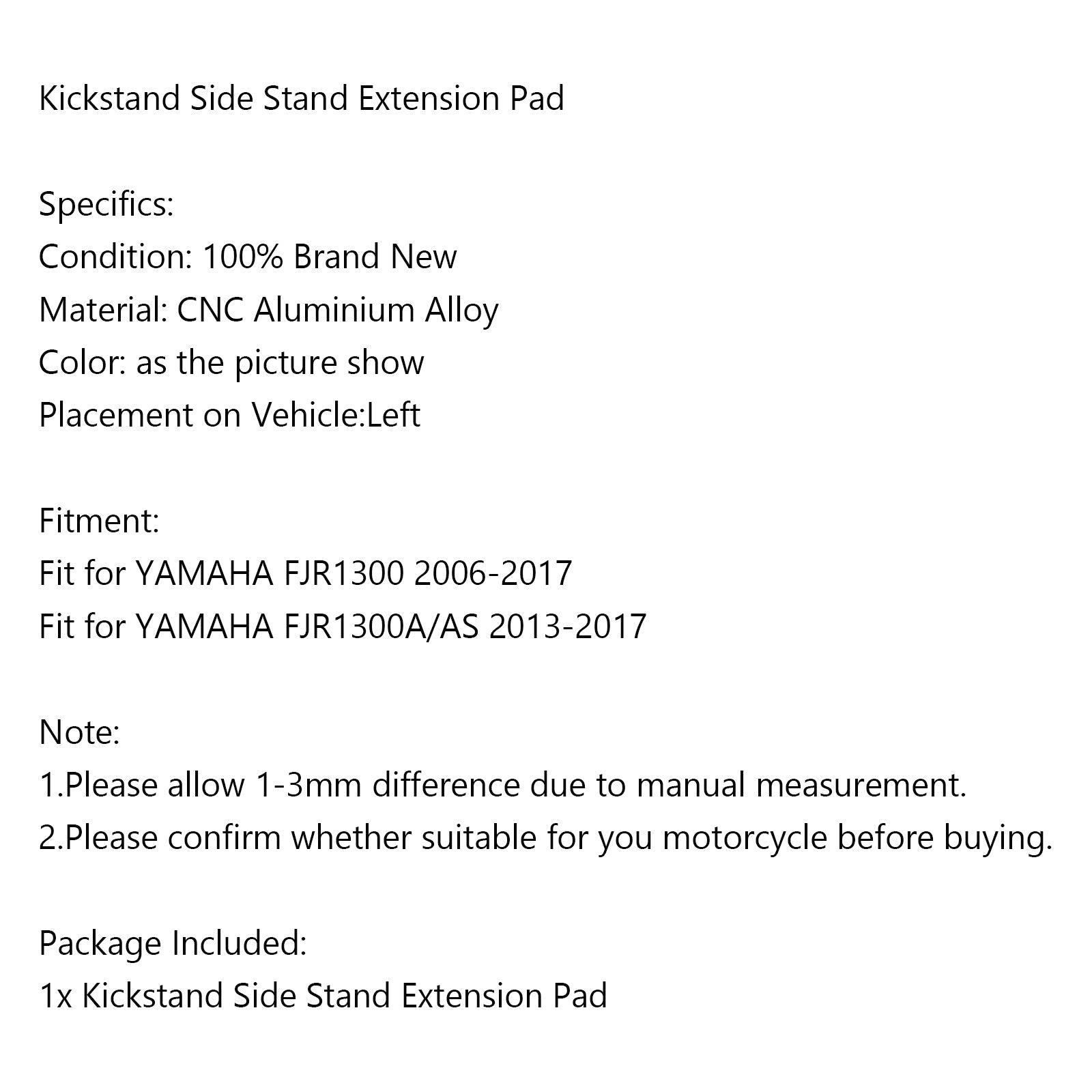 Kickstand Sidestand Agrandir Plaque Pad fit pour YAMAHA FJR1300 2006-2017 Noir Générique