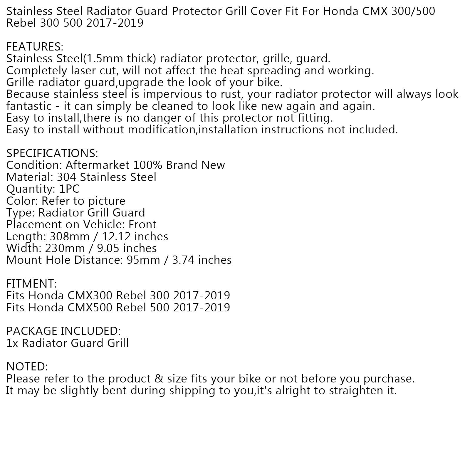 Protecteur de cache de radiateur pour Honda Rebel CMX 300 500 2017-2020 Noir Generic
