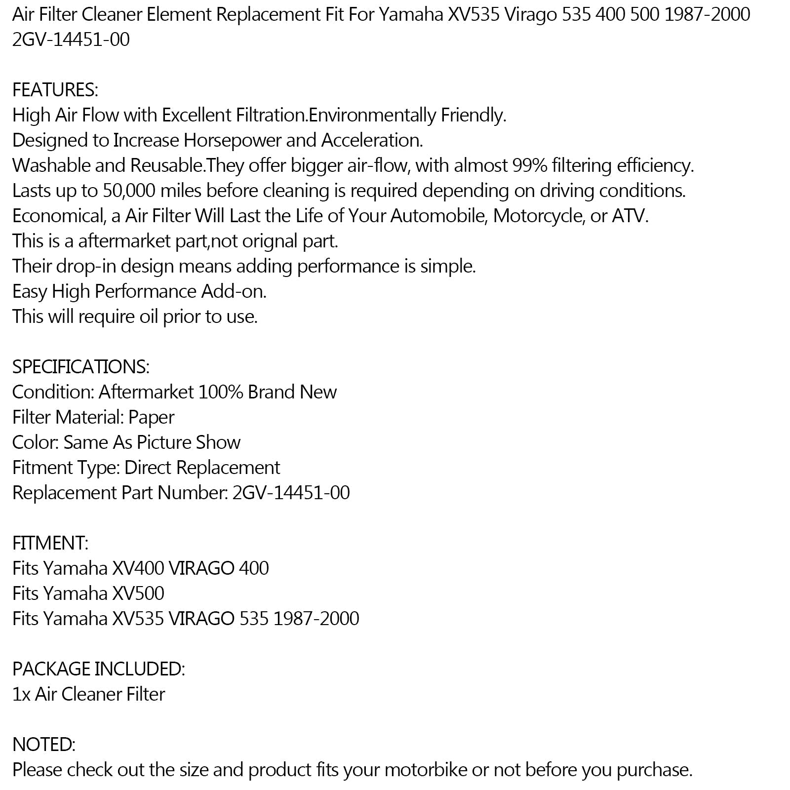 Filtre à air pour Yamaha XV 400/500 XV535 Virago 400 535 87-00 2GV-14451-00 Générique