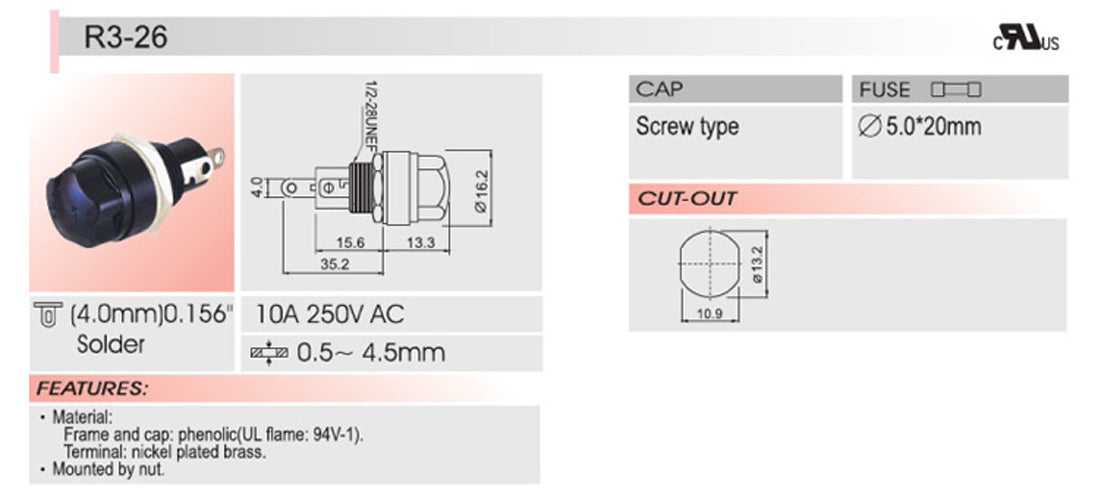 Portafusibles de chasis de montaje en panel SCI R3-26 para fusibles de vidrio de 5x20 mm 10A 250V 