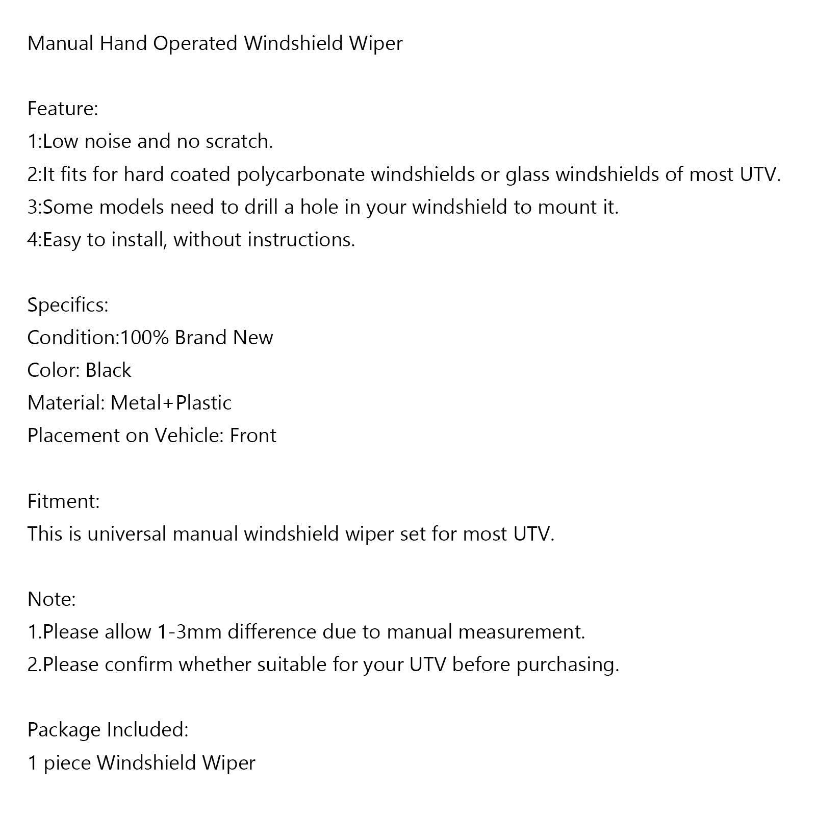 UTV Limpiaparabrisas manual universal para Polaris Ranger RZR Kawasaki MULE Teryx Generic