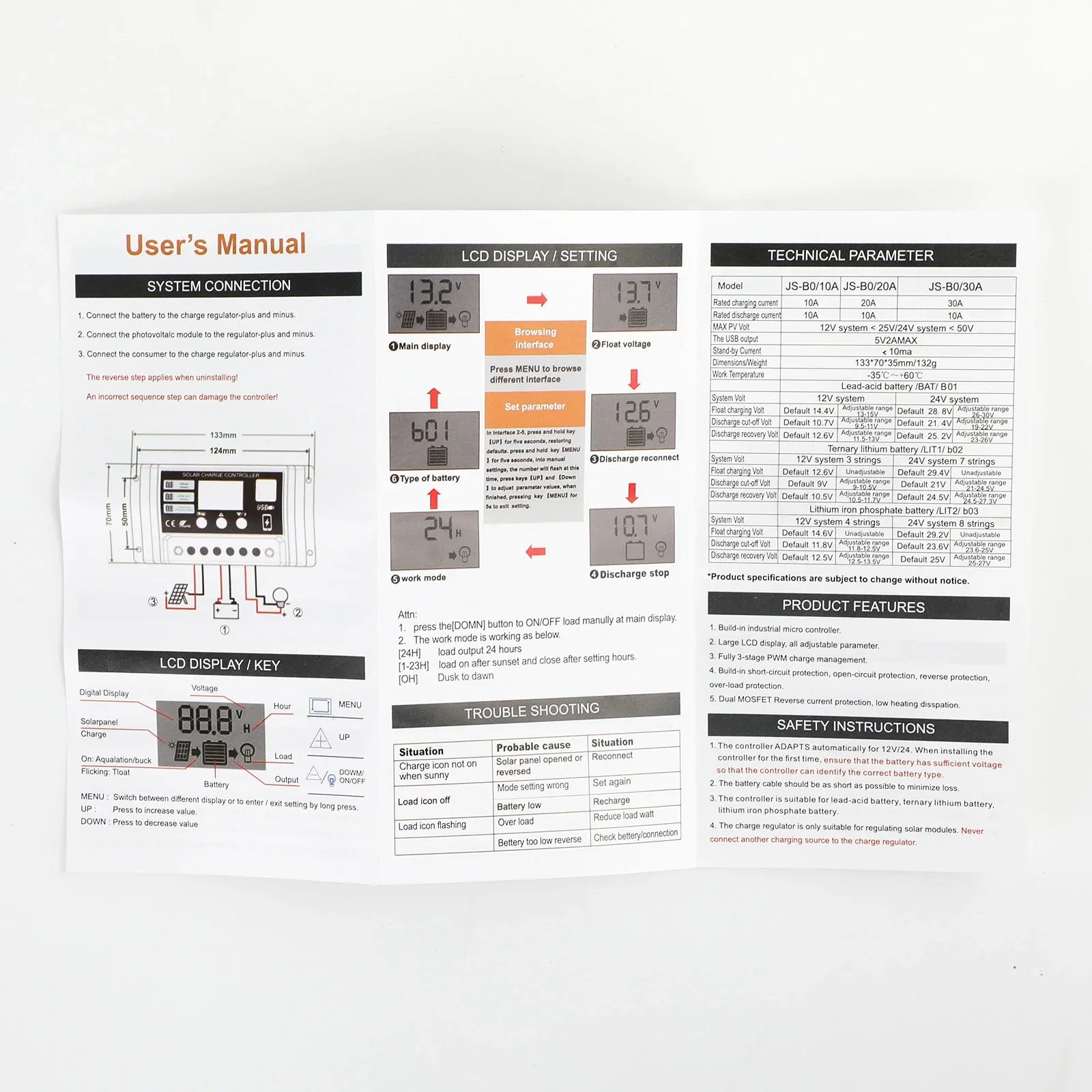 10A/20A/30A Régulateur de charge de panneau solaire PWM LCD Dual USB 12V/24V