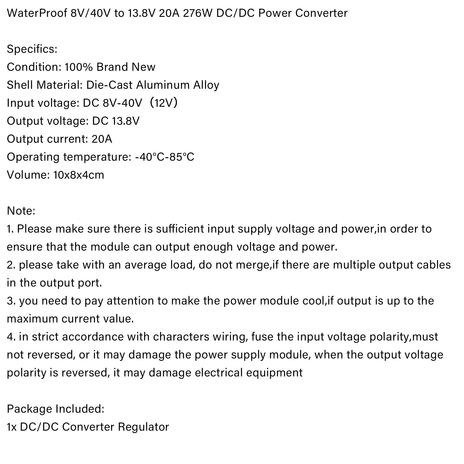 WaterProof 8V/40V à 13.8V 20A 276W Step Up DC/DC Power Converter Regulator Generic