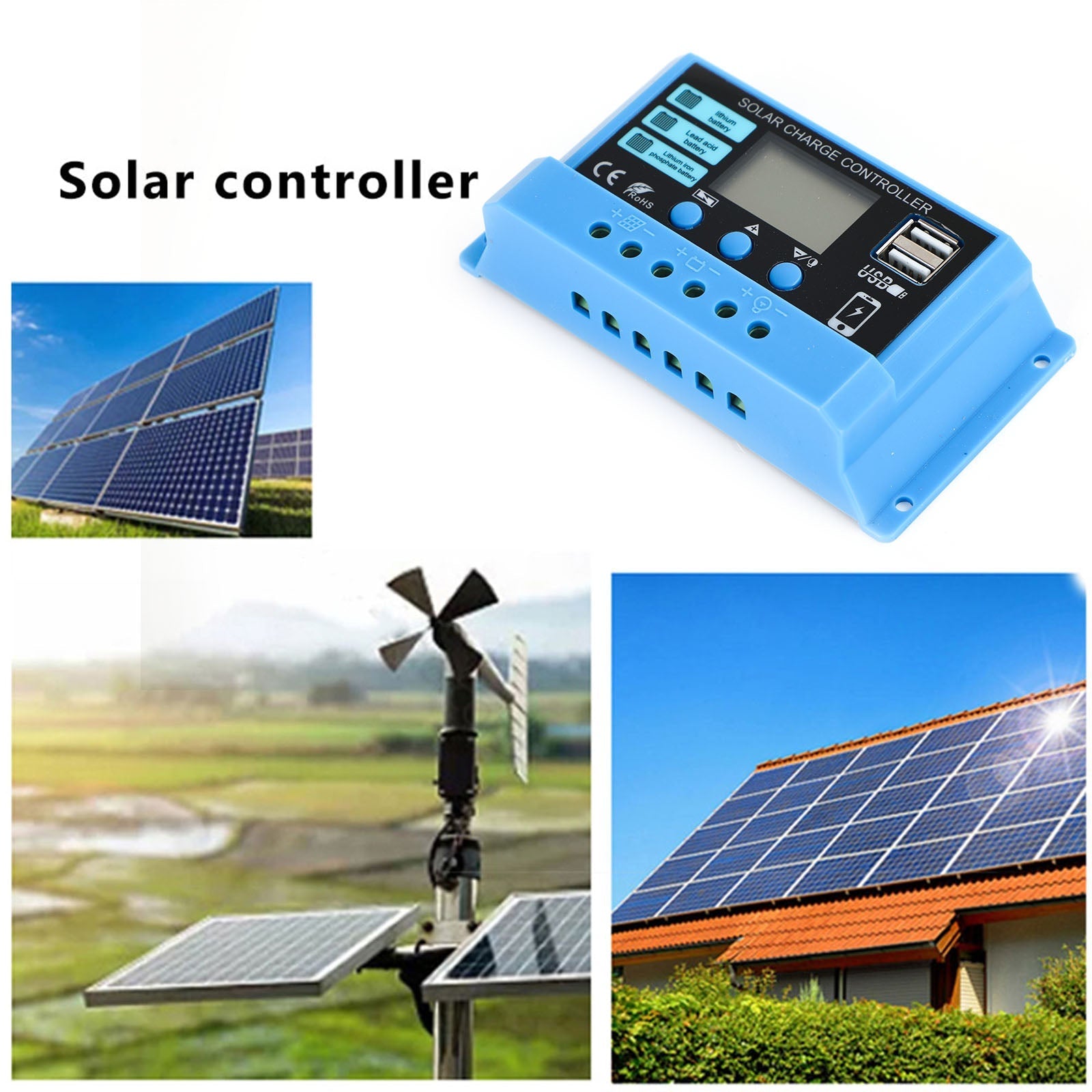 Regulador de carga solar 10A 20A 30A PWM para panel solar de 100W 200W 300W